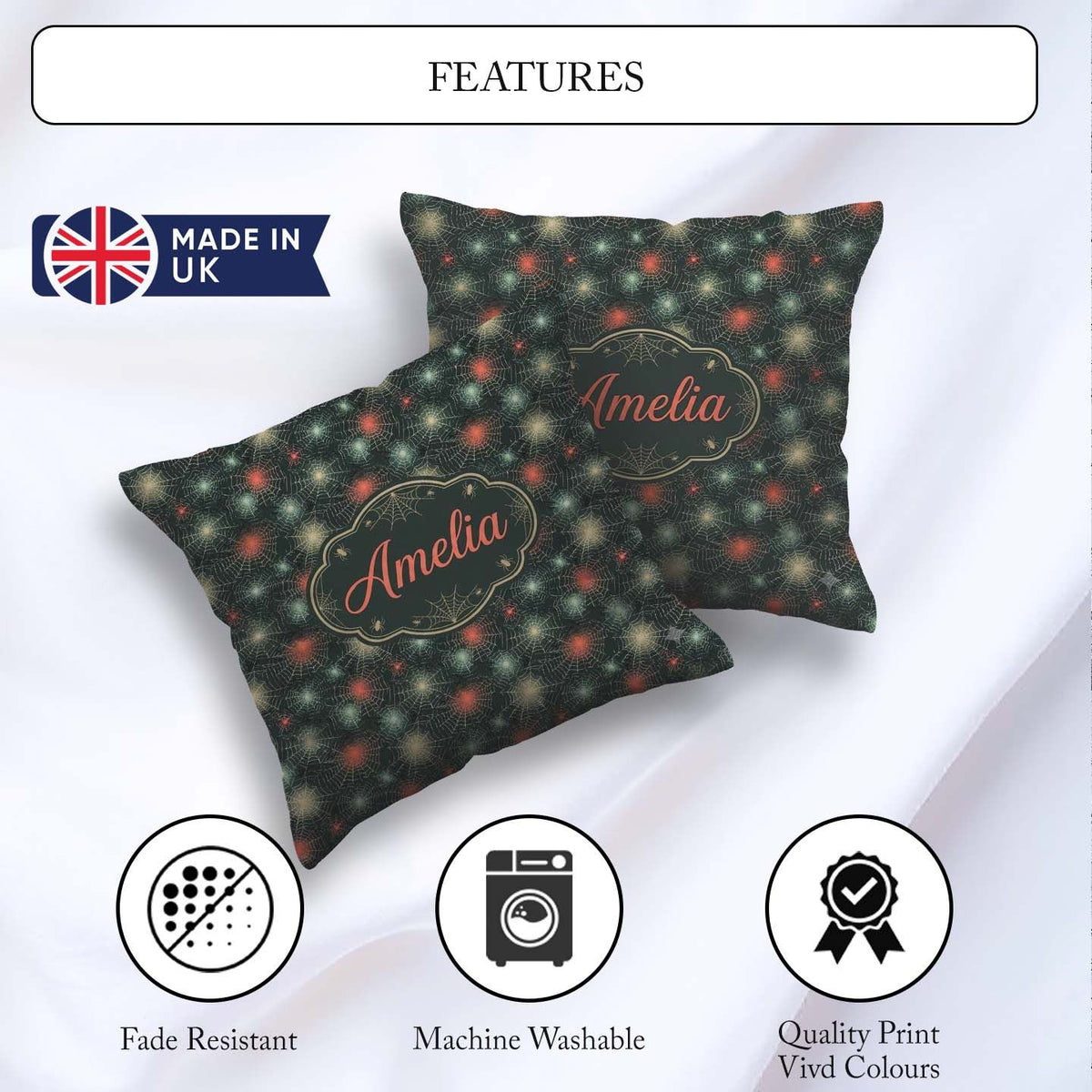 Custom Name Dark Gothic Spider Web Pattern with Glowing Seamless Square Filled Cushion Throw Pillow Sofa Bed Home Decor Zip Washable UK Made