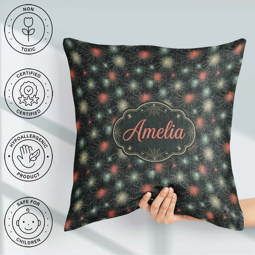 Custom Name Dark Gothic Spider Web Pattern with Glowing Seamless Square Filled Cushion Throw Pillow Sofa Bed Home Decor Zip Washable UK Made