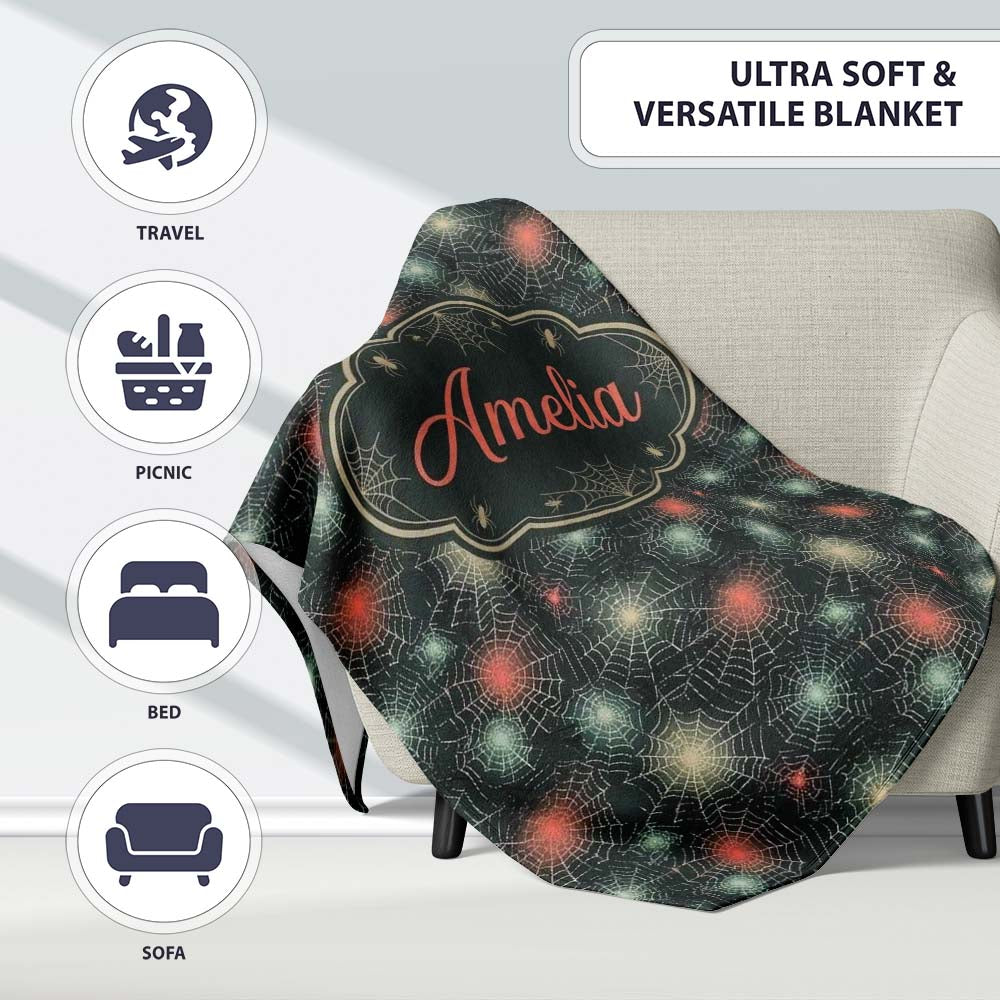 Dark Gothic Spider Web Pattern with Glowing Centers Seamless Personalised Custom Name Super Soft Fleece Blanket Bed Sofa Throw