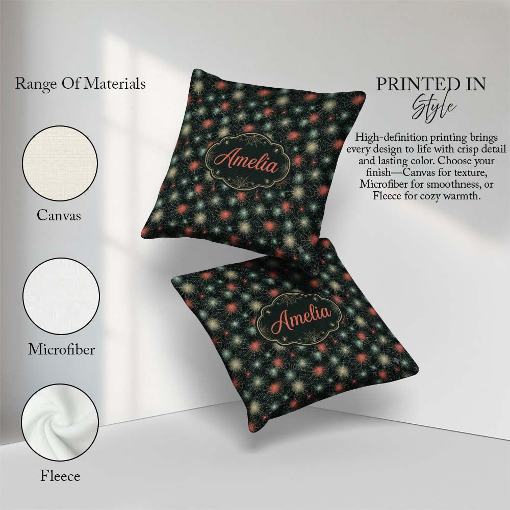 Custom Name Dark Gothic Spider Web Pattern with Glowing Seamless Square Filled Cushion Throw Pillow Sofa Bed Home Decor Zip Washable UK Made