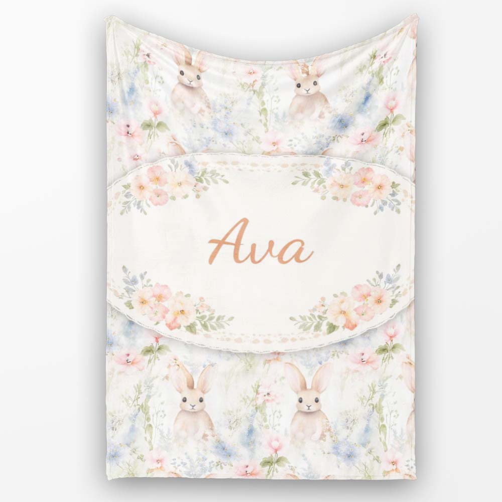Soft Vintage Bunny Floral Garden Seamless Pattern Cute Unique Gift Personalised Custom Name Super Soft Fleece Blanket Bed Sofa Throw