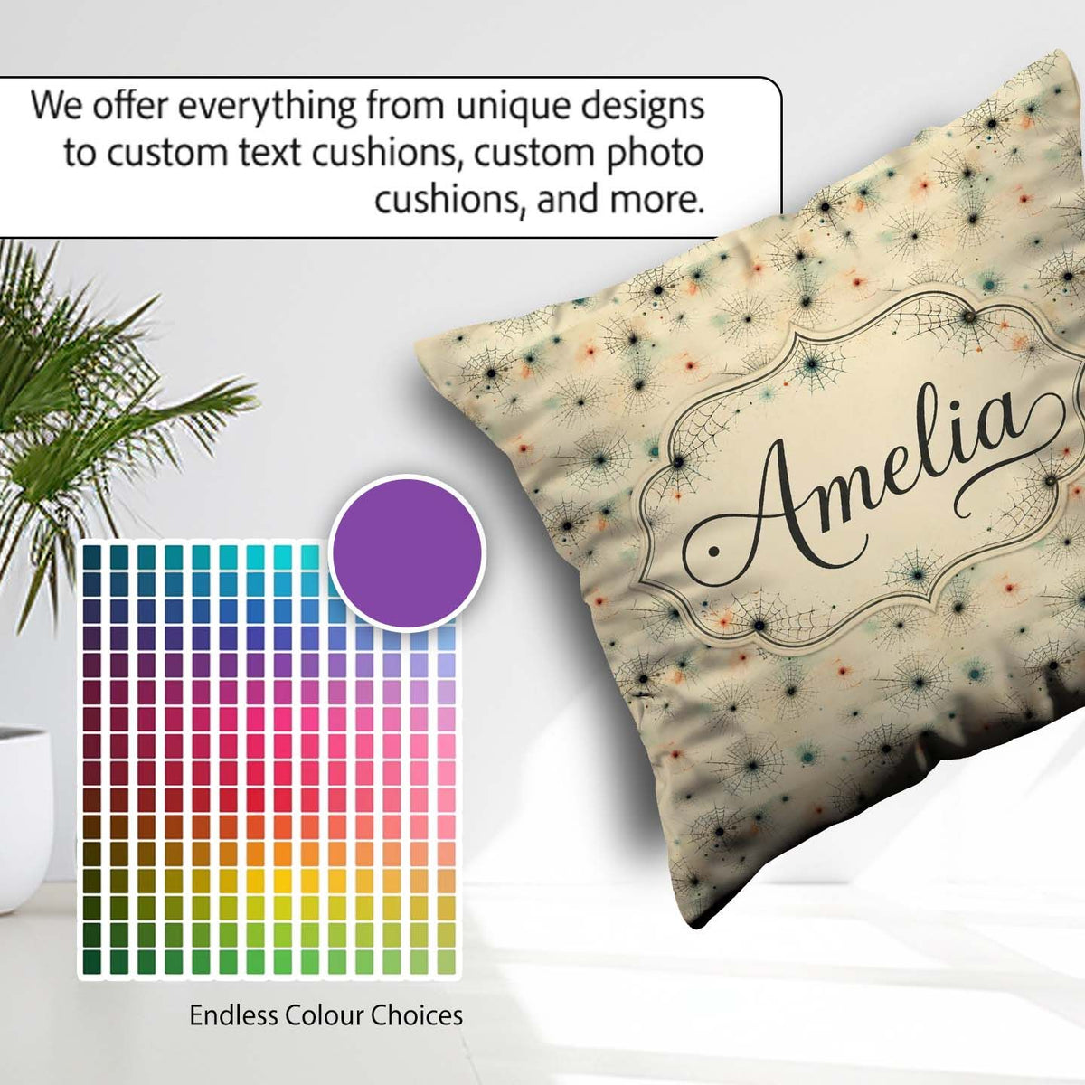 Custom Name Minimal Spider Web Pattern with Subtle Color Accents Square Filled Cushion Throw Pillow Sofa Bed Home Decor Zip Washable UK Made