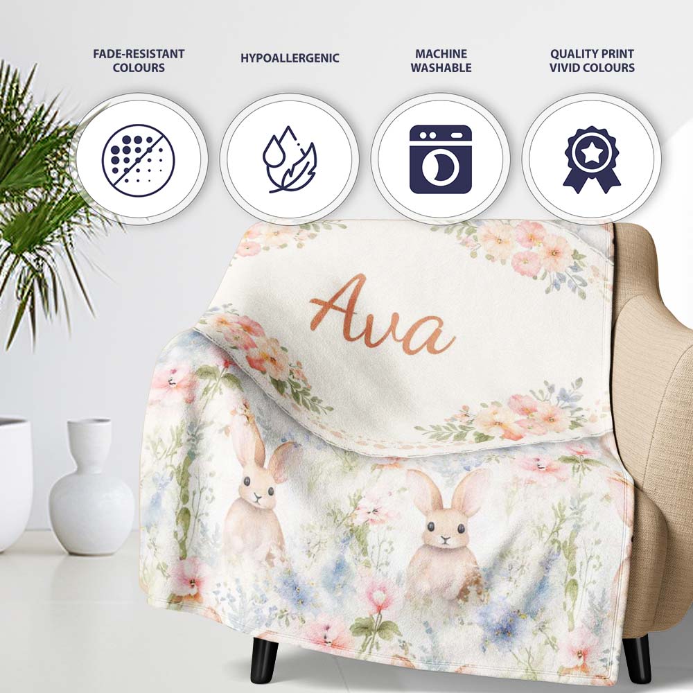 Soft Vintage Bunny Floral Garden Seamless Pattern Cute Unique Gift Personalised Custom Name Super Soft Fleece Blanket Bed Sofa Throw