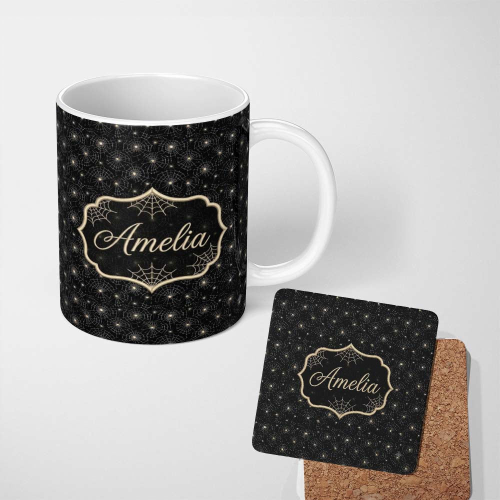 Personalized Custom Name Elegant Gold Spider Web Pattern on Black Background Seamless Night 11oz Ceramic Coffee Tea Mug White Large Handle