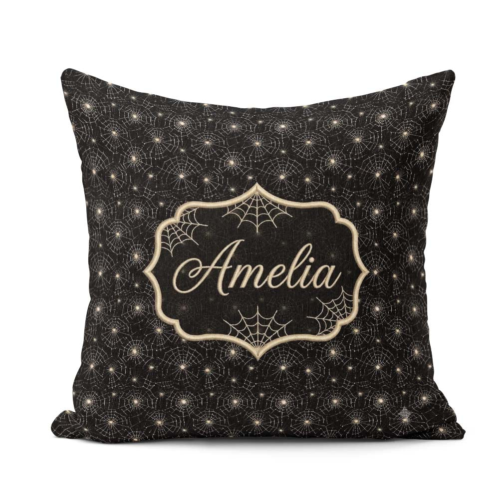 Custom Name Elegant Gold Spider Web on Black Background Seamless Square Filled Cushion Throw Pillow Sofa Bed Home Decor Zip Washable UK Made