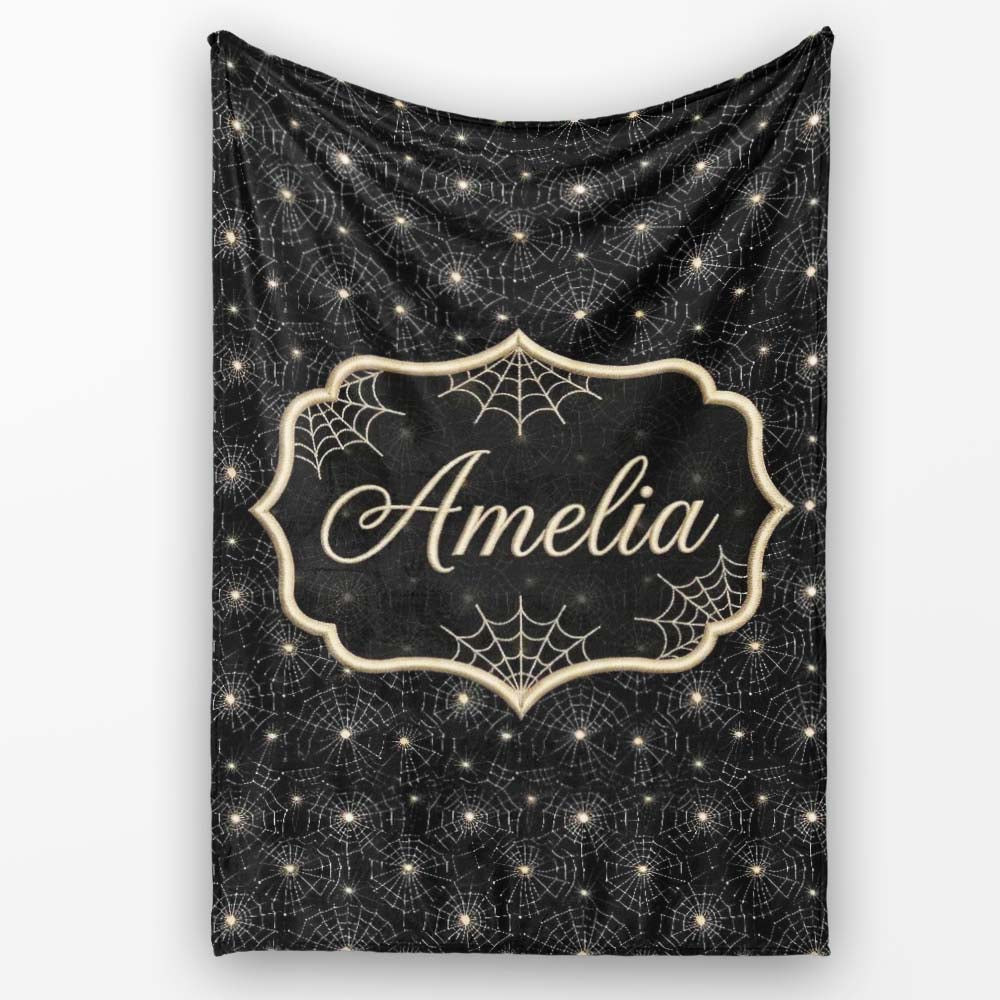 Elegant Gold Spider Web Pattern on Black Background Seamless Night Personalised Custom Name Super Soft Fleece Blanket Bed Sofa Throw