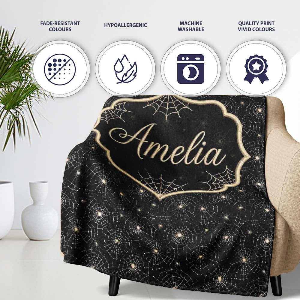 Elegant Gold Spider Web Pattern on Black Background Seamless Night Personalised Custom Name Super Soft Fleece Blanket Bed Sofa Throw