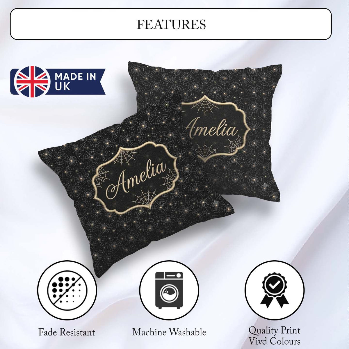 Custom Name Elegant Gold Spider Web on Black Background Seamless Square Filled Cushion Throw Pillow Sofa Bed Home Decor Zip Washable UK Made