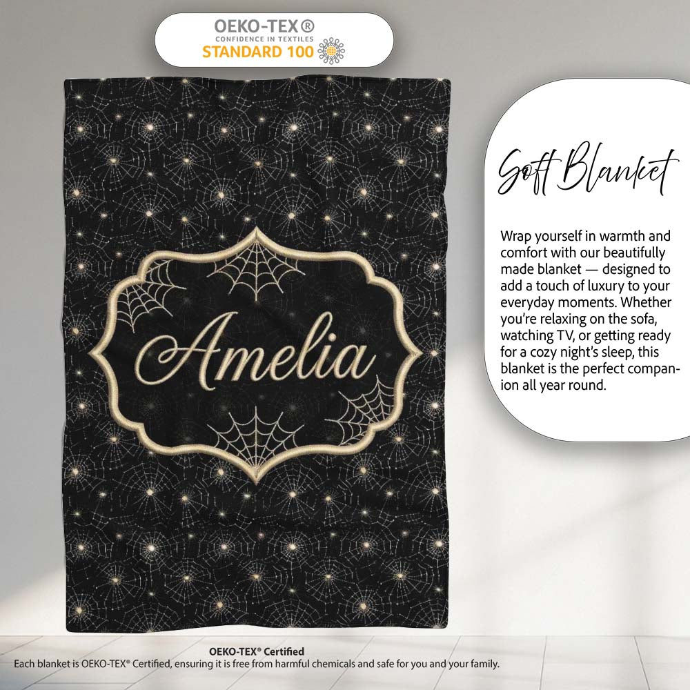 Elegant Gold Spider Web Pattern on Black Background Seamless Night Personalised Custom Name Super Soft Fleece Blanket Bed Sofa Throw