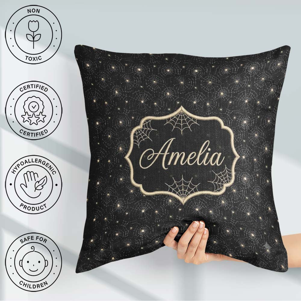 Custom Name Elegant Gold Spider Web on Black Background Seamless Square Filled Cushion Throw Pillow Sofa Bed Home Decor Zip Washable UK Made