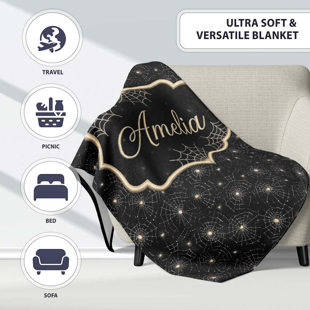 Elegant Gold Spider Web Pattern on Black Background Seamless Night Personalised Custom Name Super Soft Fleece Blanket Bed Sofa Throw
