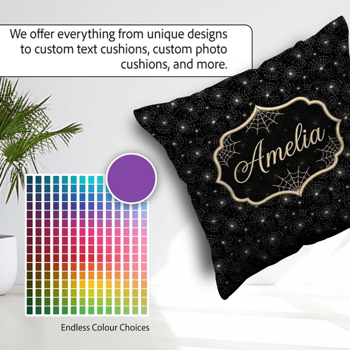 Custom Name Elegant Gold Spider Web on Black Background Seamless Square Filled Cushion Throw Pillow Sofa Bed Home Decor Zip Washable UK Made