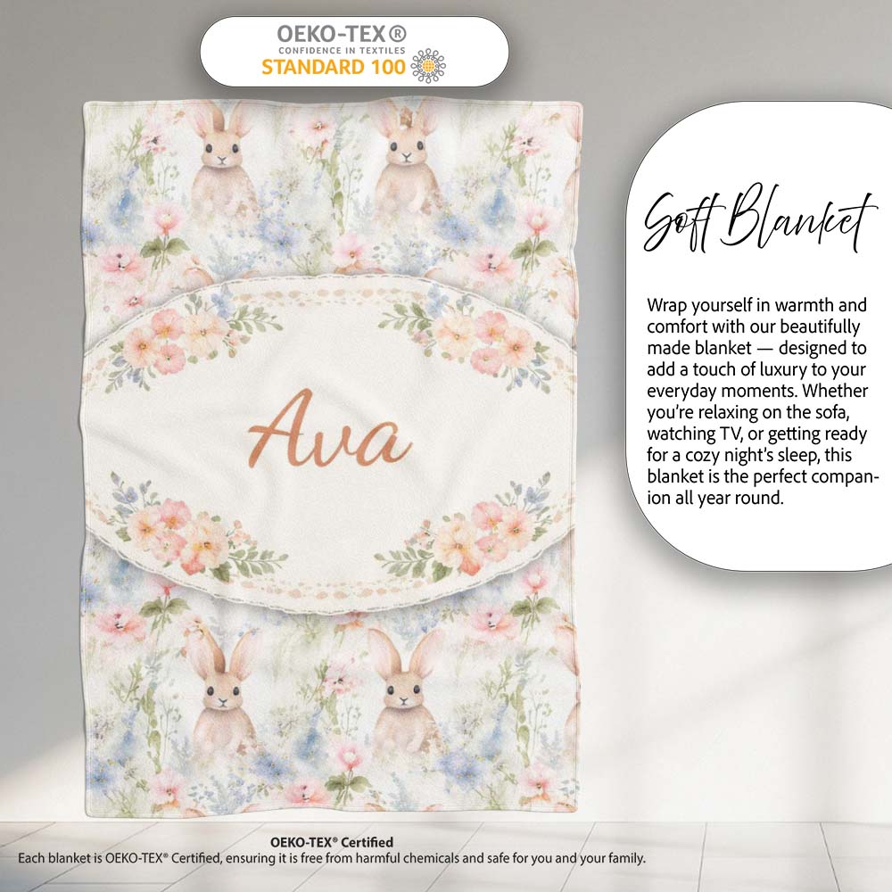 Soft Vintage Bunny Floral Garden Seamless Pattern Cute Unique Gift Personalised Custom Name Super Soft Fleece Blanket Bed Sofa Throw