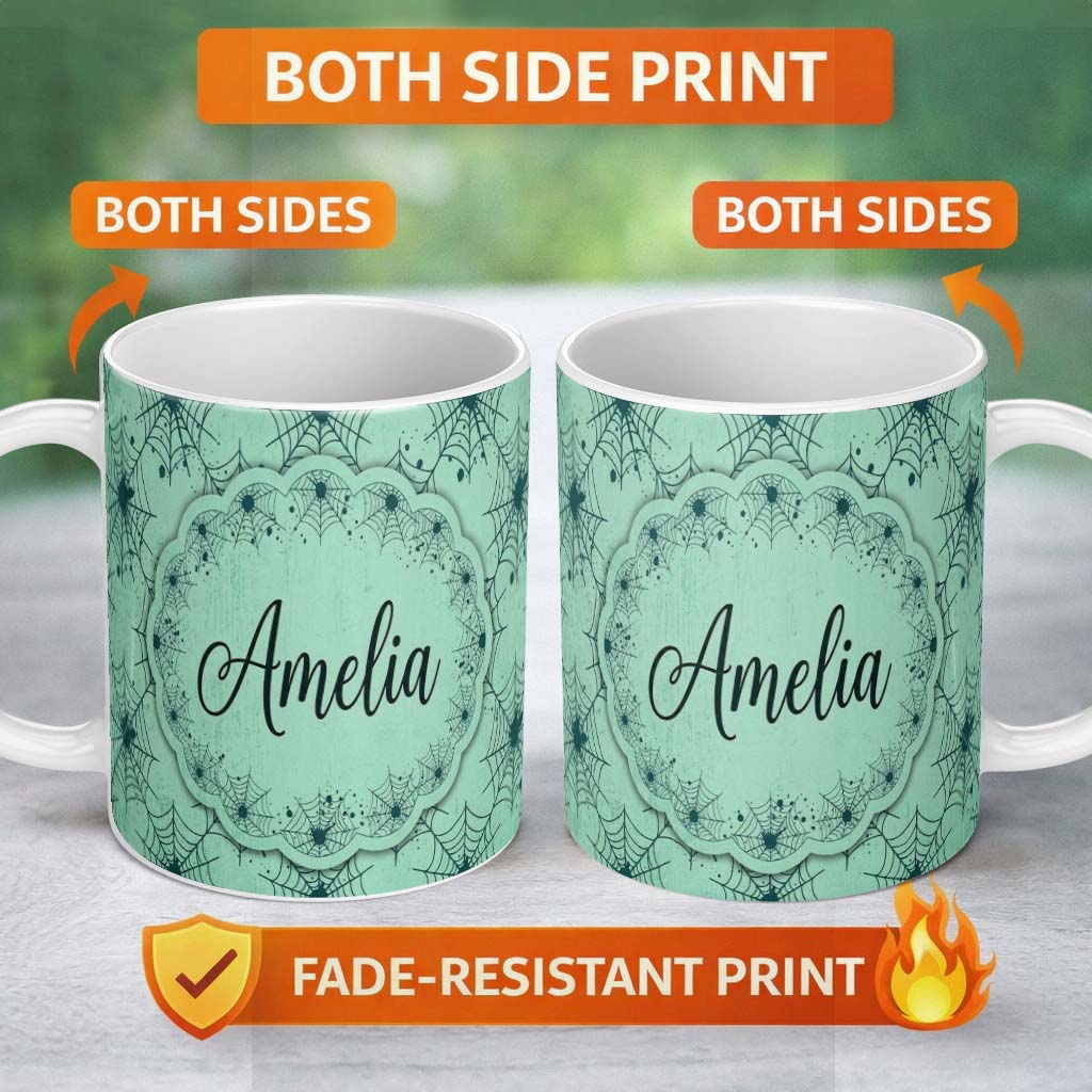 Personalized Custom Name Soft Green Watercolor Spider Web Pattern Seamless Artistic Texture 11oz Ceramic Coffee Tea Mug White Large Handle