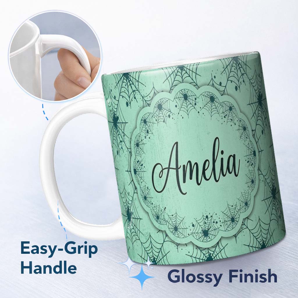 Personalized Custom Name Soft Green Watercolor Spider Web Pattern Seamless Artistic Texture 11oz Ceramic Coffee Tea Mug White Large Handle