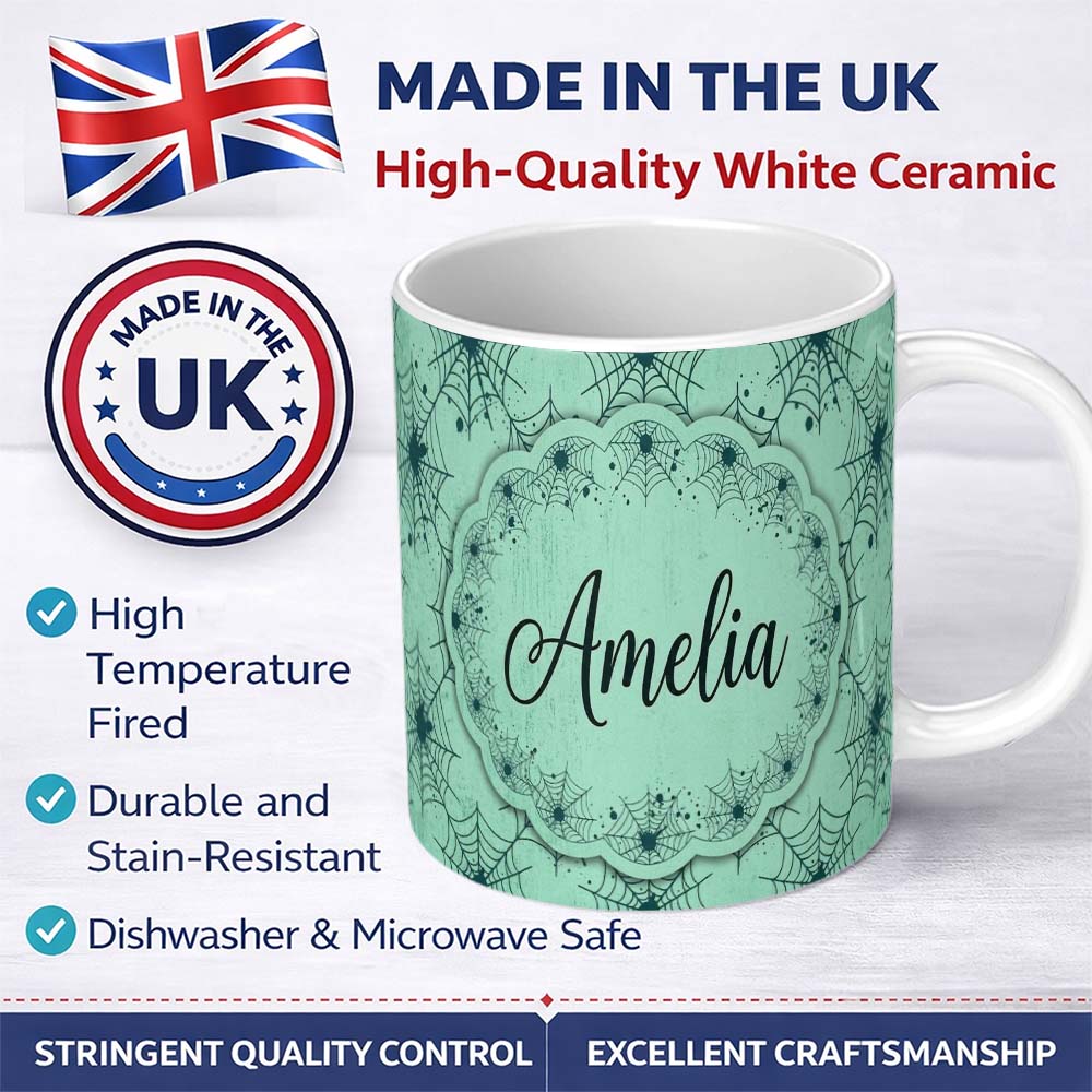 Personalized Custom Name Soft Green Watercolor Spider Web Pattern Seamless Artistic Texture 11oz Ceramic Coffee Tea Mug White Large Handle
