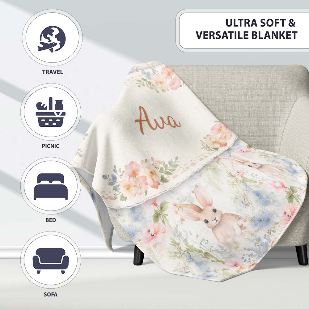 Soft Vintage Bunny Floral Garden Seamless Pattern Cute Unique Gift Personalised Custom Name Super Soft Fleece Blanket Bed Sofa Throw