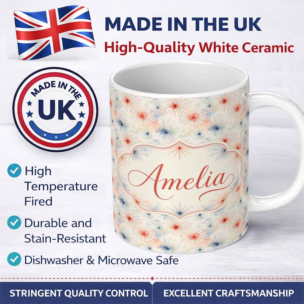 Personalized Custom Name Colorful Spider Web Pattern with Red and Blue Accents Seamless 11oz Ceramic Coffee Tea Mug White Large Handle