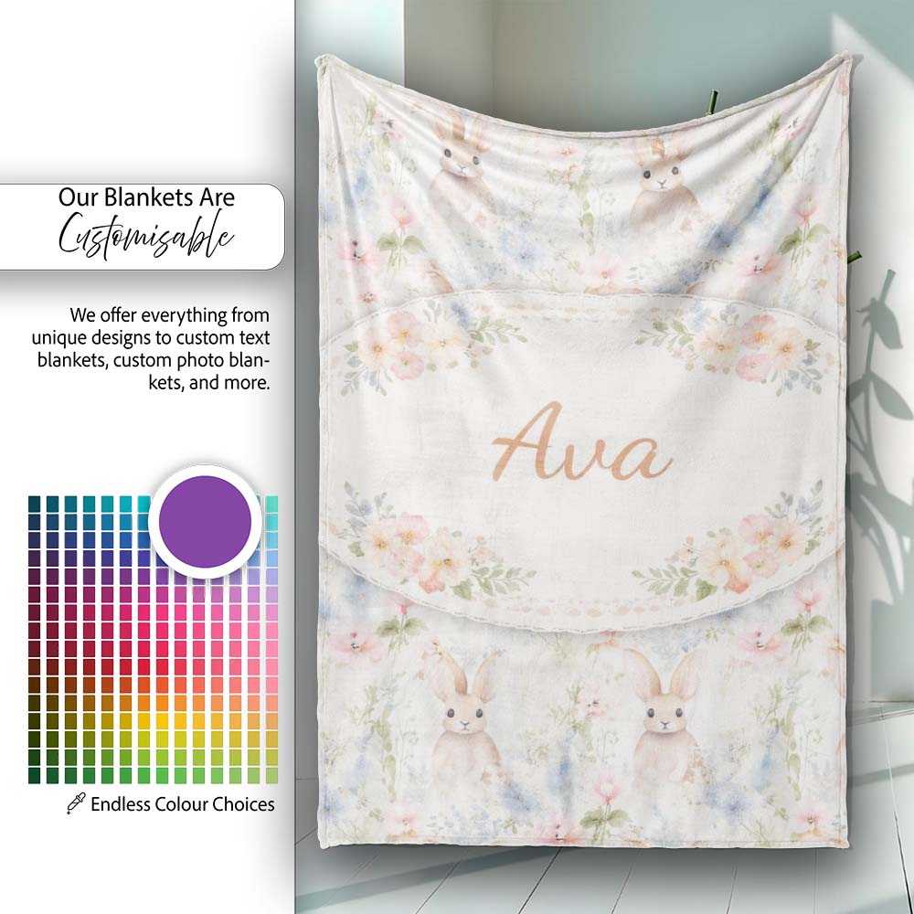 Soft Vintage Bunny Floral Garden Seamless Pattern Cute Unique Gift Personalised Custom Name Super Soft Fleece Blanket Bed Sofa Throw