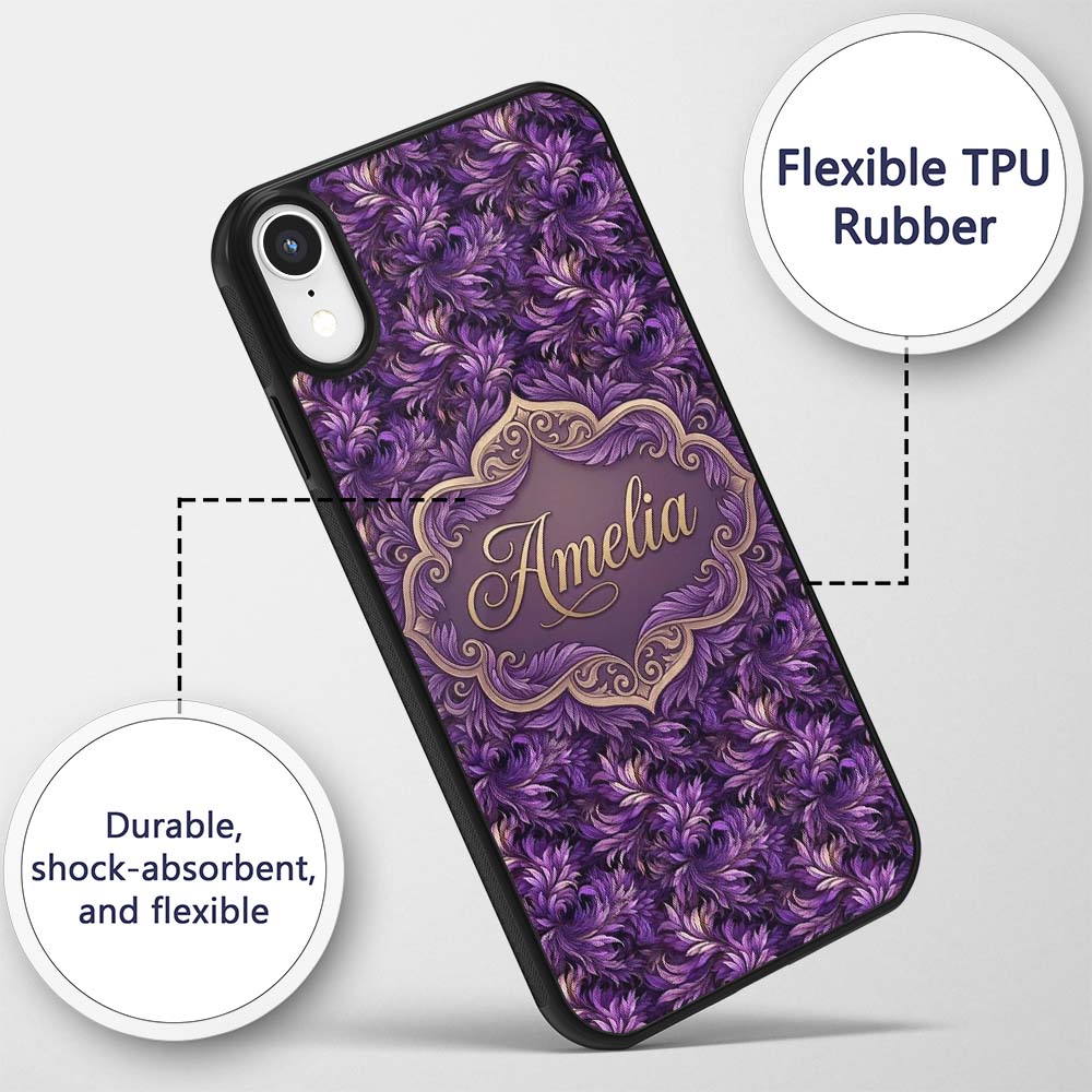 Rich Purple Feather Swirl Abstract Printed Design Custom Name Protective Phone Case Mobile Cover Durable Everyday Smartphone Shock Resistant