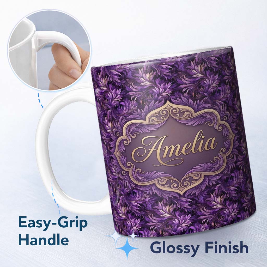 Personalized Custom Name Rich Purple Feather Swirl Abstract Floral Seamless Pattern Name Cute 11oz Ceramic Coffee Tea Mug White Large Handle