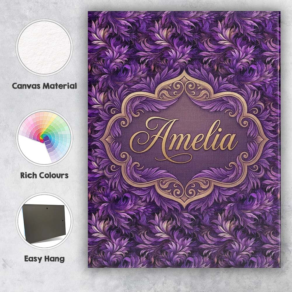 Personalised Name Rich Purple Feather Swirl Custom Bespoke Interior Contemporary Canvas Wall Art Print Decor Picture Ready to Hang