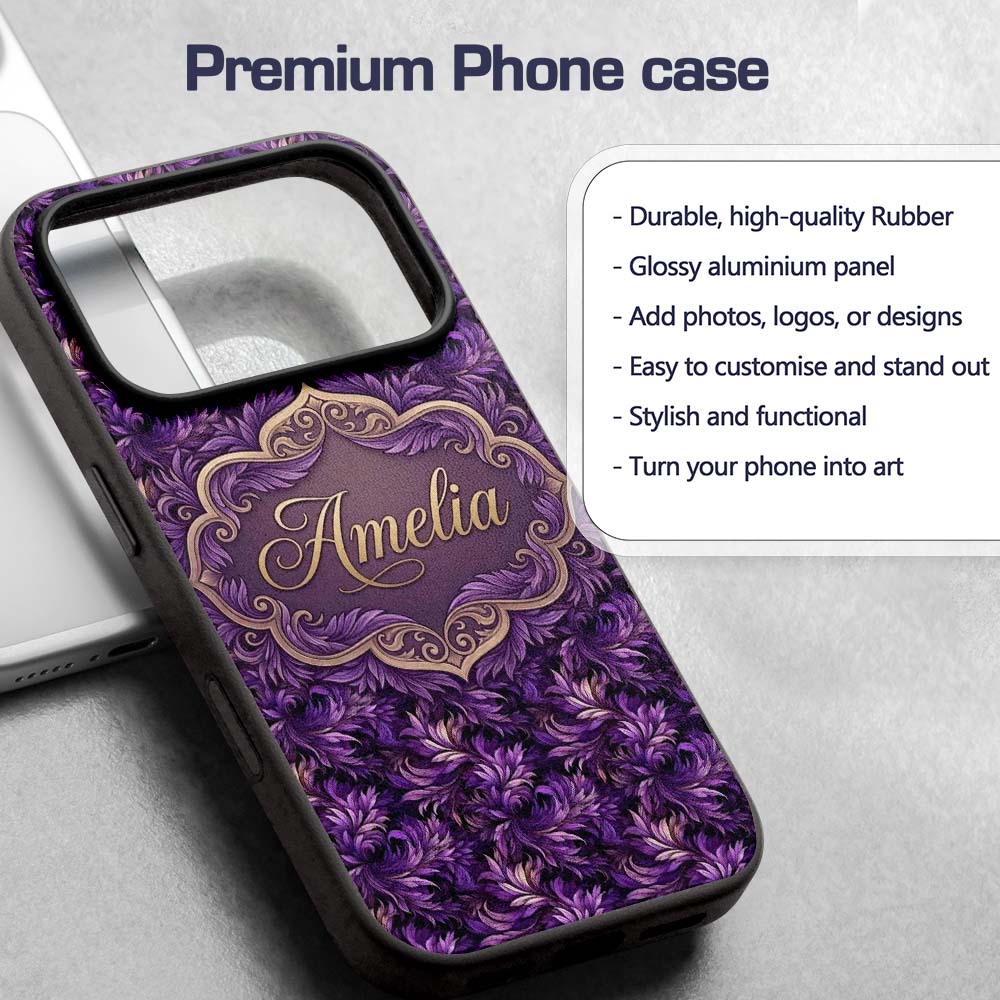 Rich Purple Feather Swirl Abstract Printed Design Custom Name Protective Phone Case Mobile Cover Durable Everyday Smartphone Shock Resistant