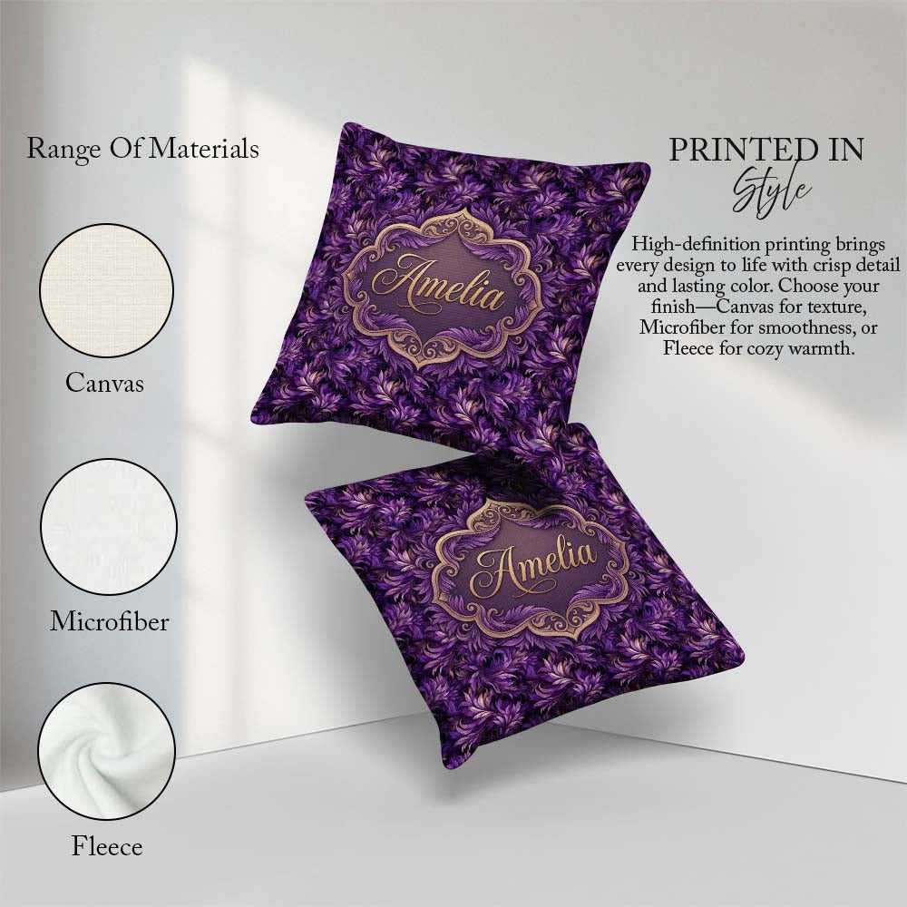 Custom Name Rich Purple Swirl Abstract Floral Seamless Name Cute Square Filled Cushion Throw Pillow Sofa Bed Home Decor Zip Washable UK Made