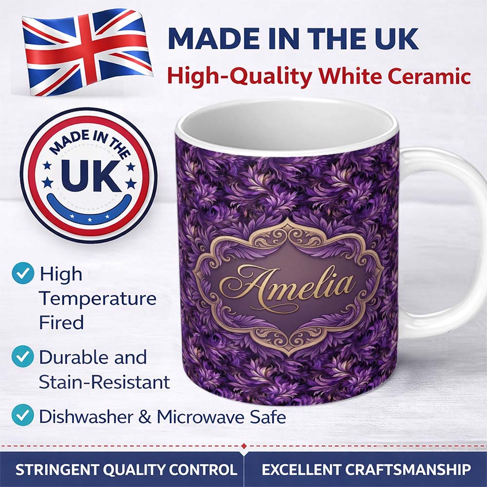 Personalized Custom Name Rich Purple Feather Swirl Abstract Floral Seamless Pattern Name Cute 11oz Ceramic Coffee Tea Mug White Large Handle