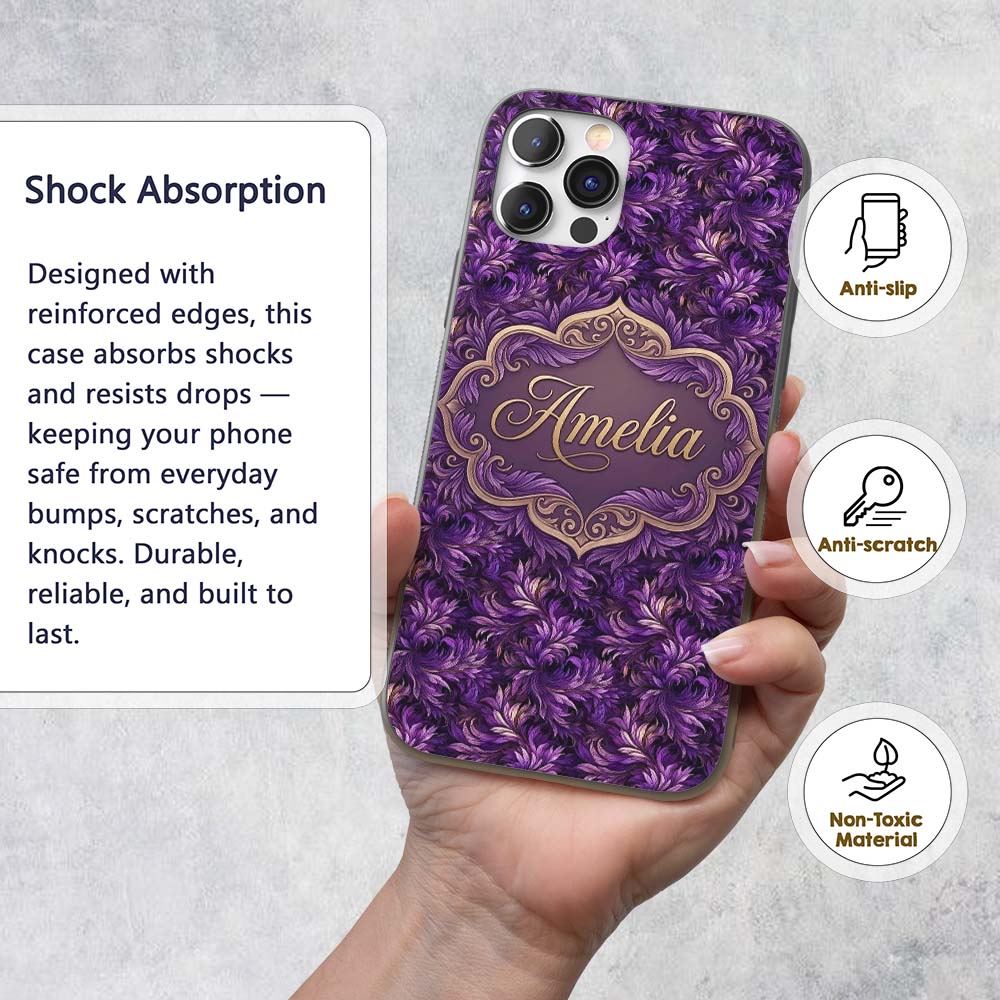 Rich Purple Feather Swirl Abstract Printed Design Custom Name Protective Phone Case Mobile Cover Durable Everyday Smartphone Shock Resistant