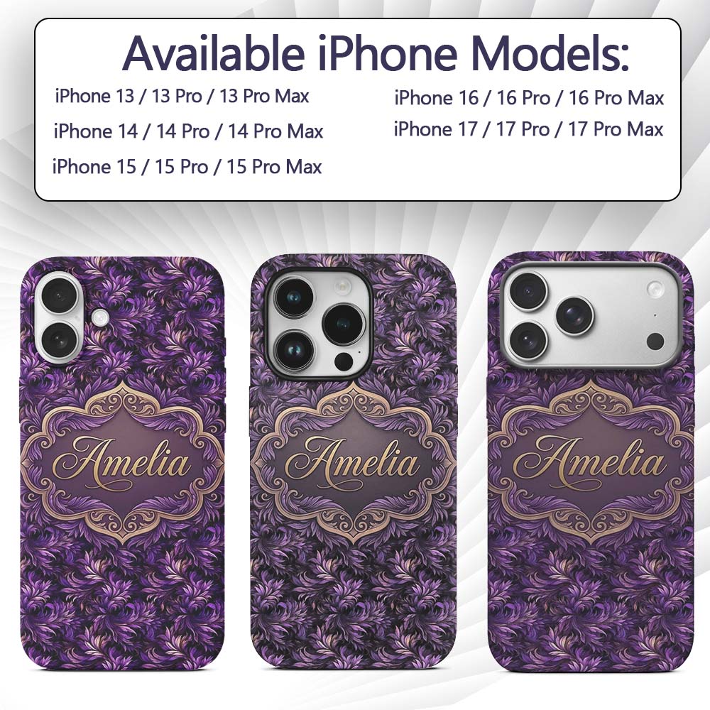 Rich Purple Feather Swirl Abstract Printed Design Custom Name Protective Phone Case Mobile Cover Durable Everyday Smartphone Shock Resistant