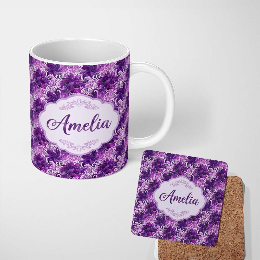 Personalized Custom Name Elegant Purple Floral Vine Pattern on Light Background Seamless 11oz Ceramic Coffee Tea Mug White Large Handle