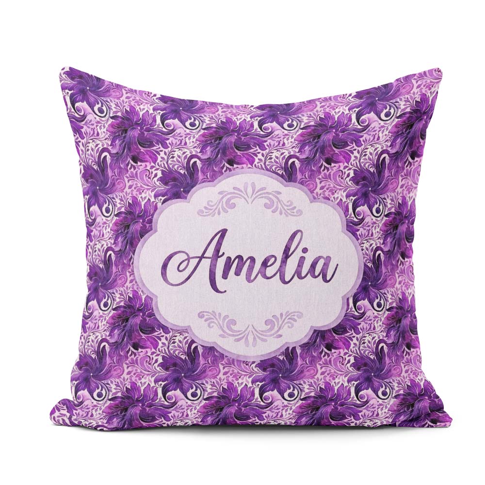 Custom Name Elegant Purple Floral Vine Pattern on Light Seamless Square Filled Cushion Throw Pillow Sofa Bed Home Decor Zip Washable UK Made