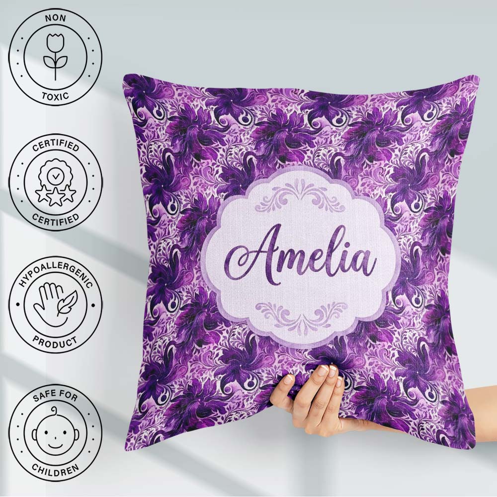 Custom Name Elegant Purple Floral Vine Pattern on Light Seamless Square Filled Cushion Throw Pillow Sofa Bed Home Decor Zip Washable UK Made