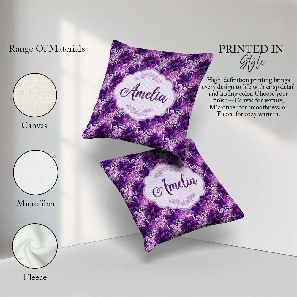 Custom Name Elegant Purple Floral Vine Pattern on Light Seamless Square Filled Cushion Throw Pillow Sofa Bed Home Decor Zip Washable UK Made