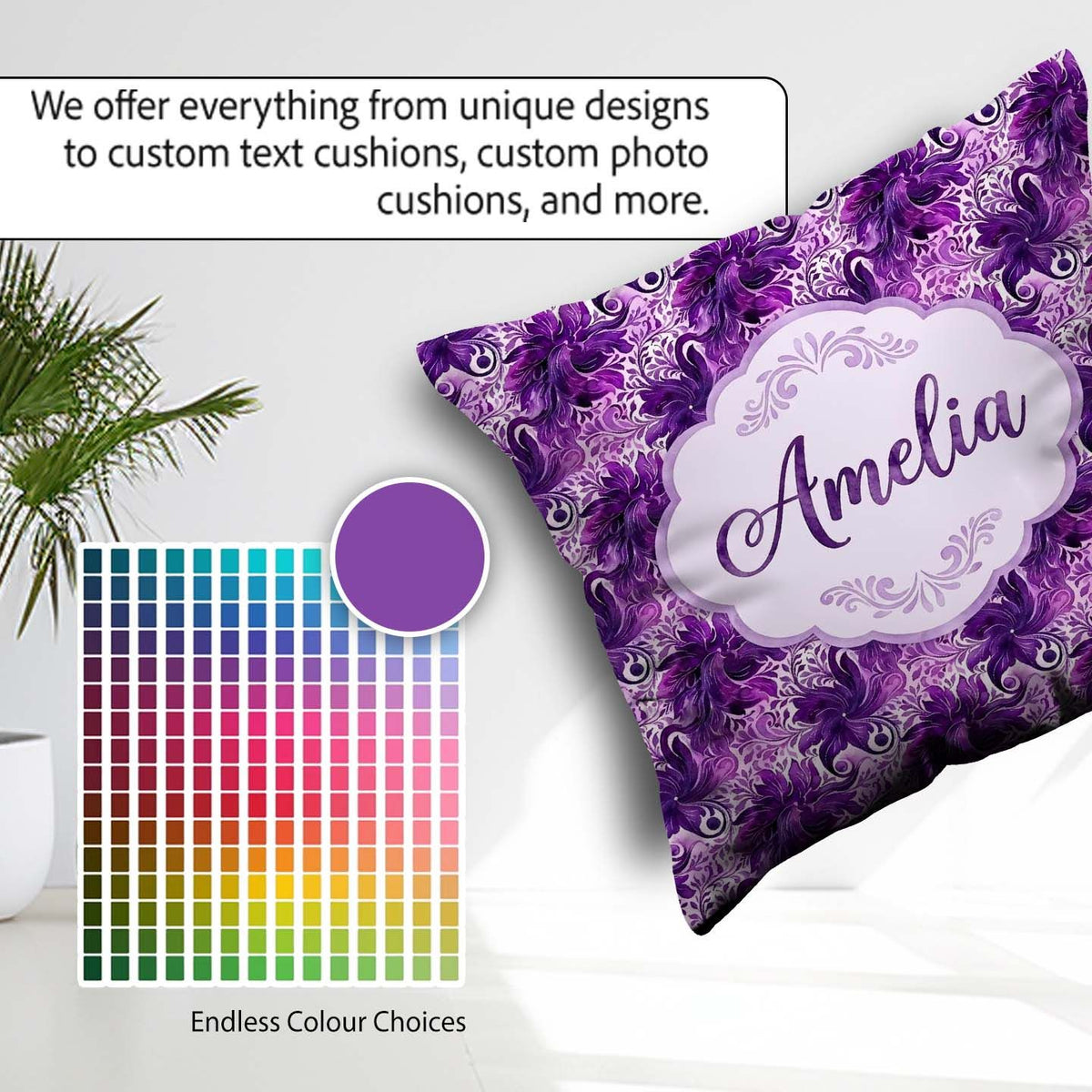 Custom Name Elegant Purple Floral Vine Pattern on Light Seamless Square Filled Cushion Throw Pillow Sofa Bed Home Decor Zip Washable UK Made