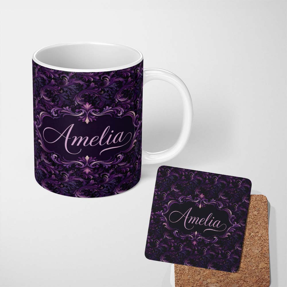 Personalized Custom Name Dark Purple Ornamental Swirl Pattern with Luxurious Texture 11oz Ceramic Coffee Tea Mug White Large Handle