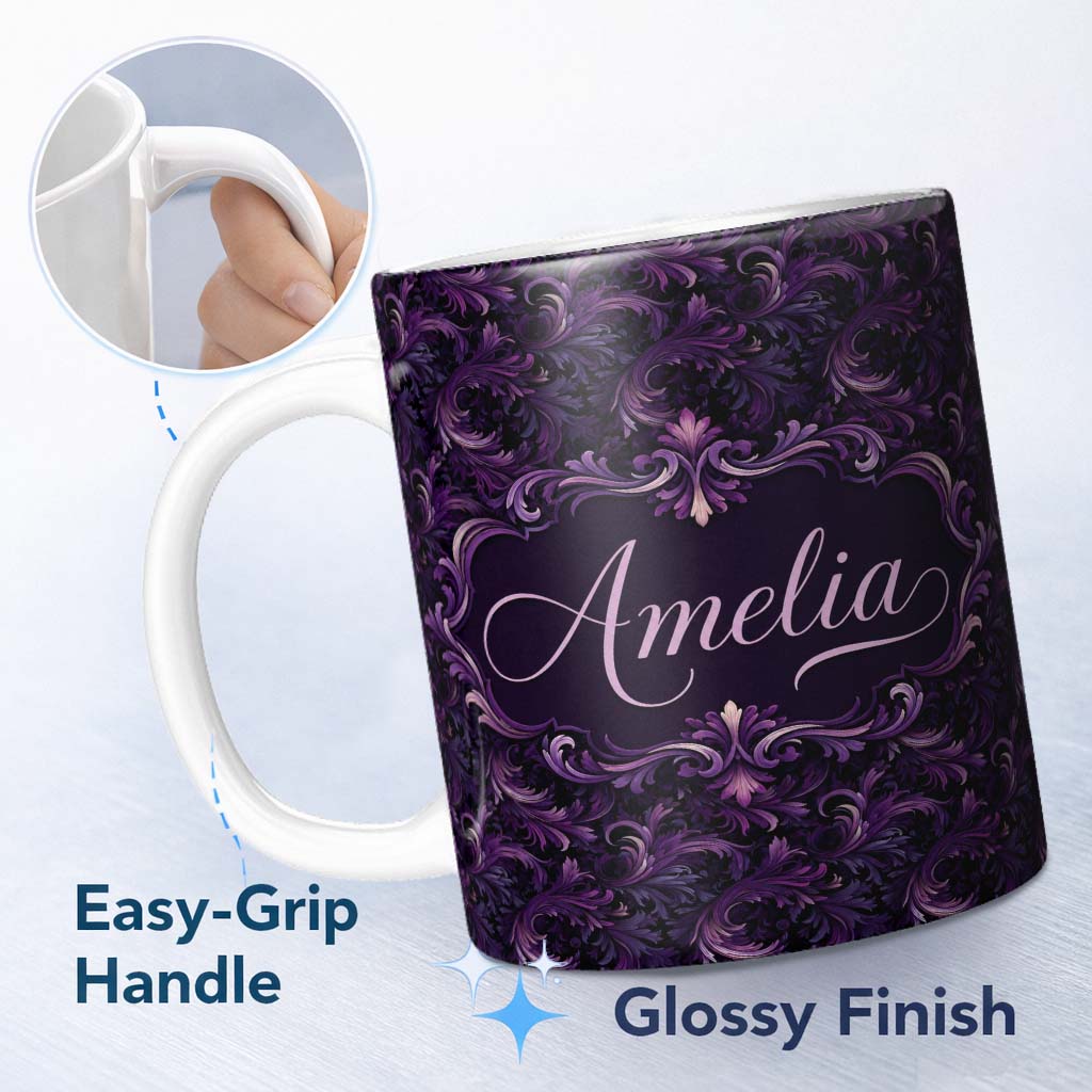 Personalized Custom Name Dark Purple Ornamental Swirl Pattern with Luxurious Texture 11oz Ceramic Coffee Tea Mug White Large Handle