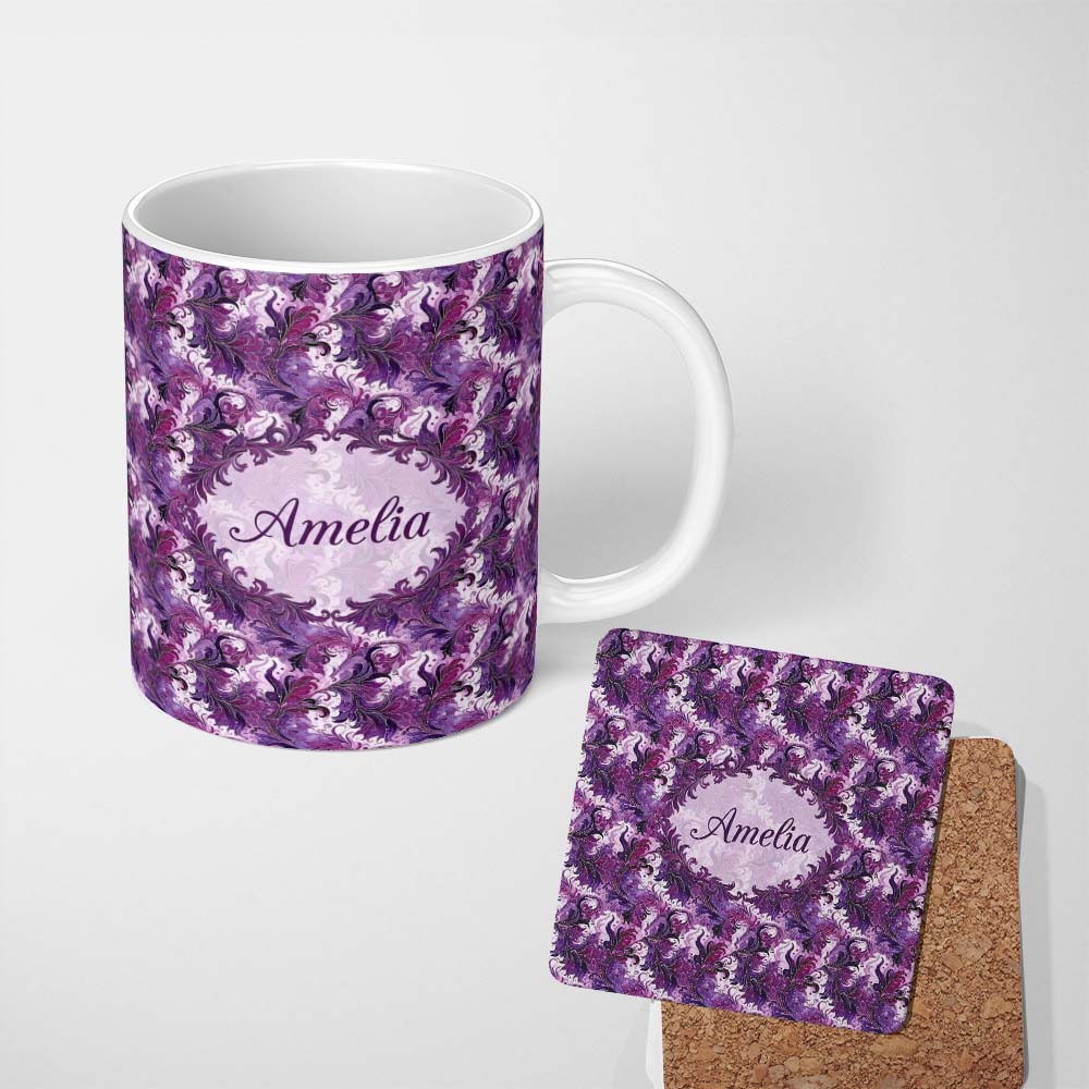 Personalized Custom Name Purple and Magenta Artistic Floral Swirl Pattern Seamless 11oz Ceramic Coffee Tea Mug White Large Handle