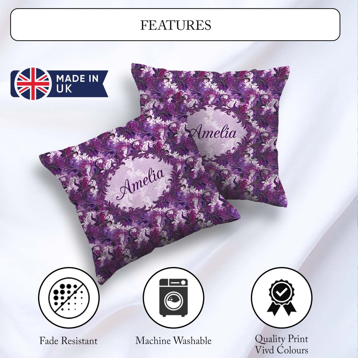 Custom Name Purple and Magenta Artistic Floral Pattern Seamless Square Filled Cushion Throw Pillow Sofa Bed Home Decor Zip Washable UK Made