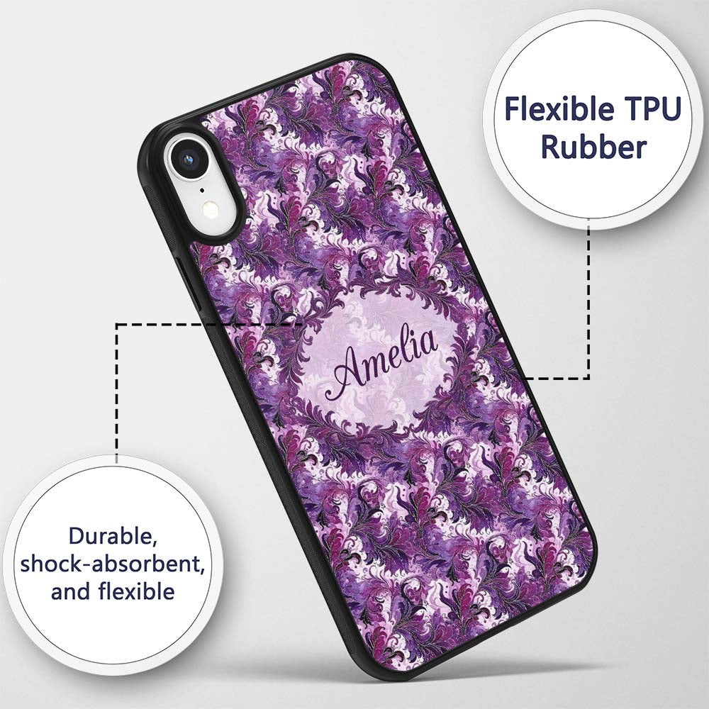 Purple and Magenta Artistic Floral Swirl Pattern Custom Name Protective Phone Case Mobile Cover Durable Everyday Smartphone Shock Resistant