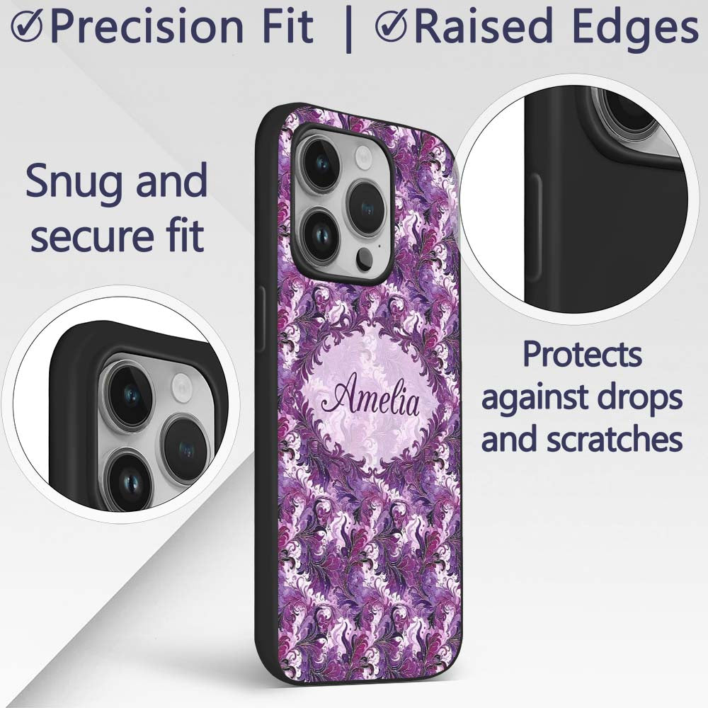 Purple and Magenta Artistic Floral Swirl Pattern Custom Name Protective Phone Case Mobile Cover Durable Everyday Smartphone Shock Resistant