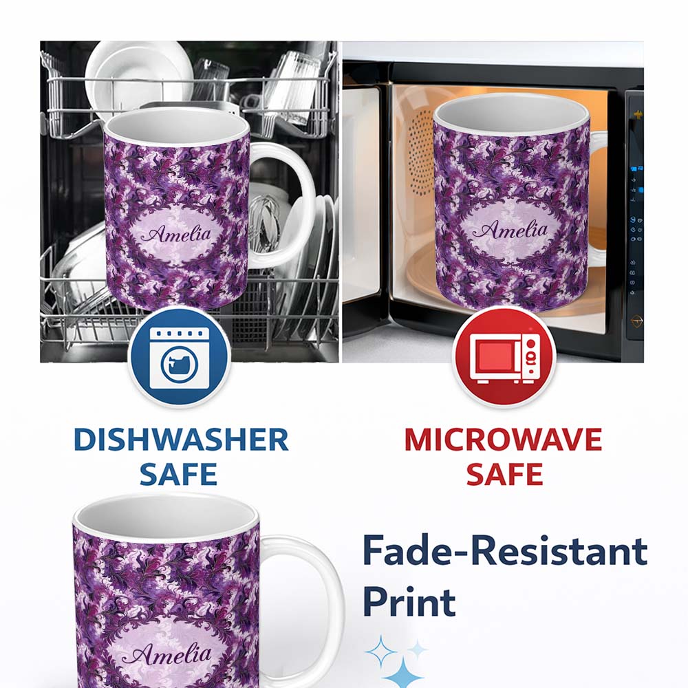 Personalized Custom Name Purple and Magenta Artistic Floral Swirl Pattern Seamless 11oz Ceramic Coffee Tea Mug White Large Handle