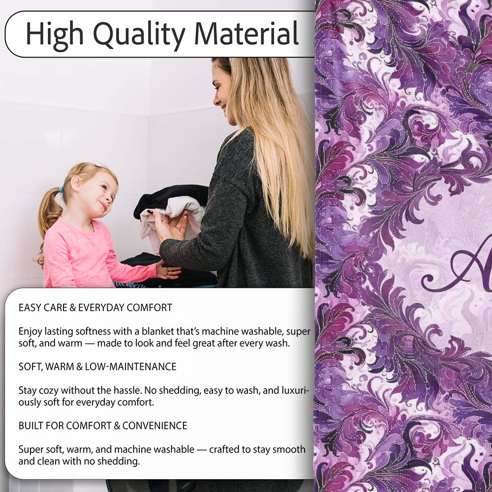 Purple and Magenta Artistic Floral Swirl Pattern Seamless Personalised Custom Name Super Soft Fleece Blanket Bed Sofa Throw