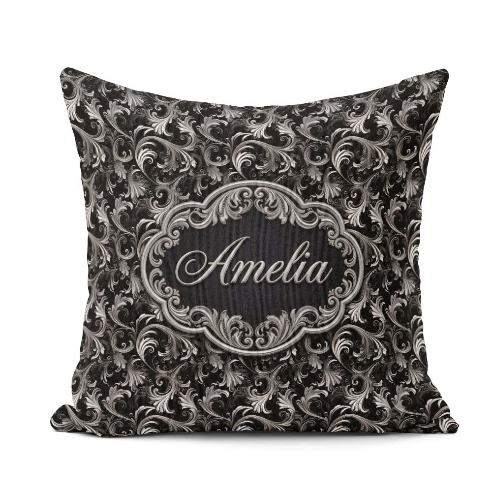 Custom Name Silver Black Luxury Baroque Pattern Seamless Elegant Square Filled Cushion Throw Pillow Sofa Bed Home Decor Zip Washable UK Made