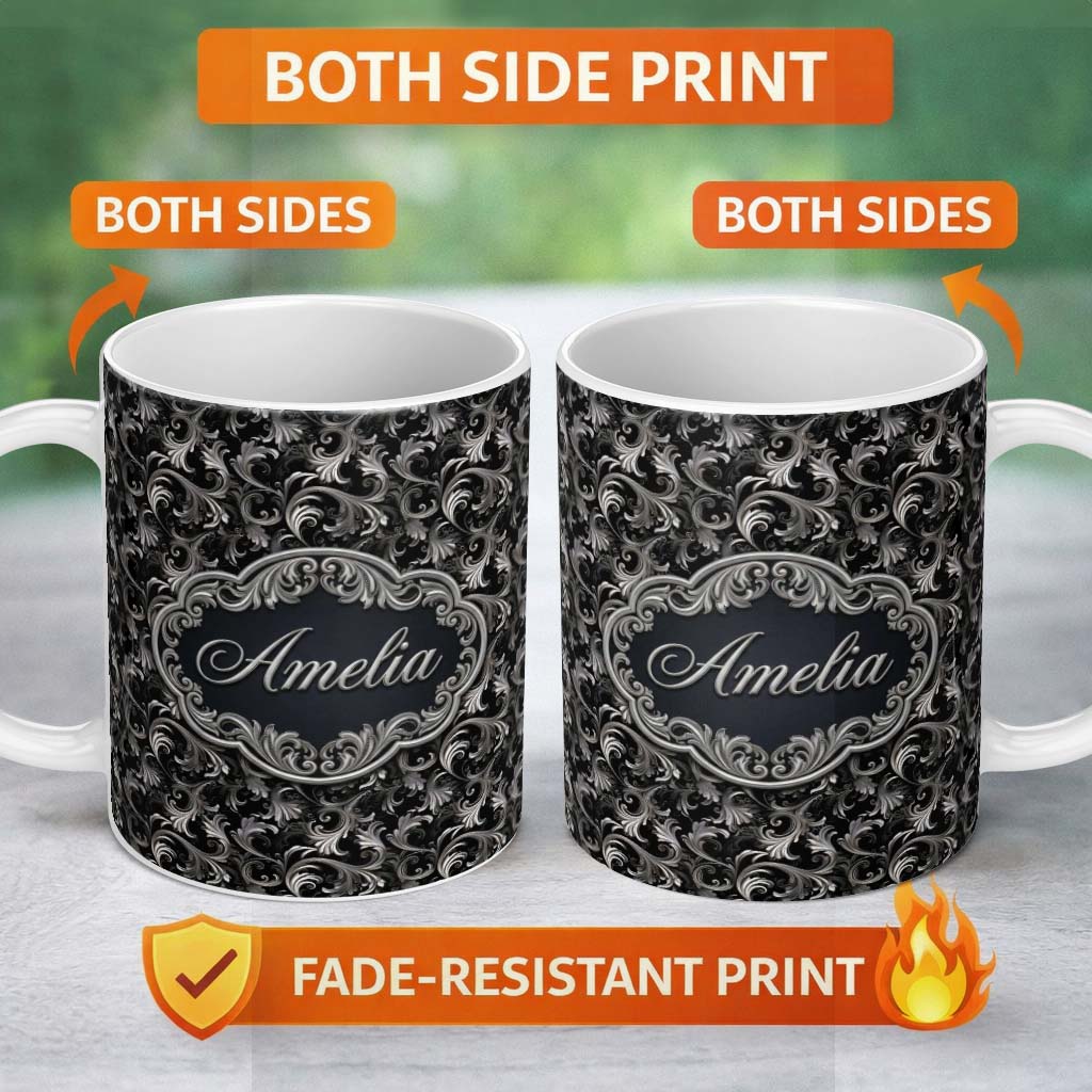 Personalized Custom Name Silver and Black Luxury Baroque Floral Pattern Seamless Elegant 11oz Ceramic Coffee Tea Mug White Large Handle