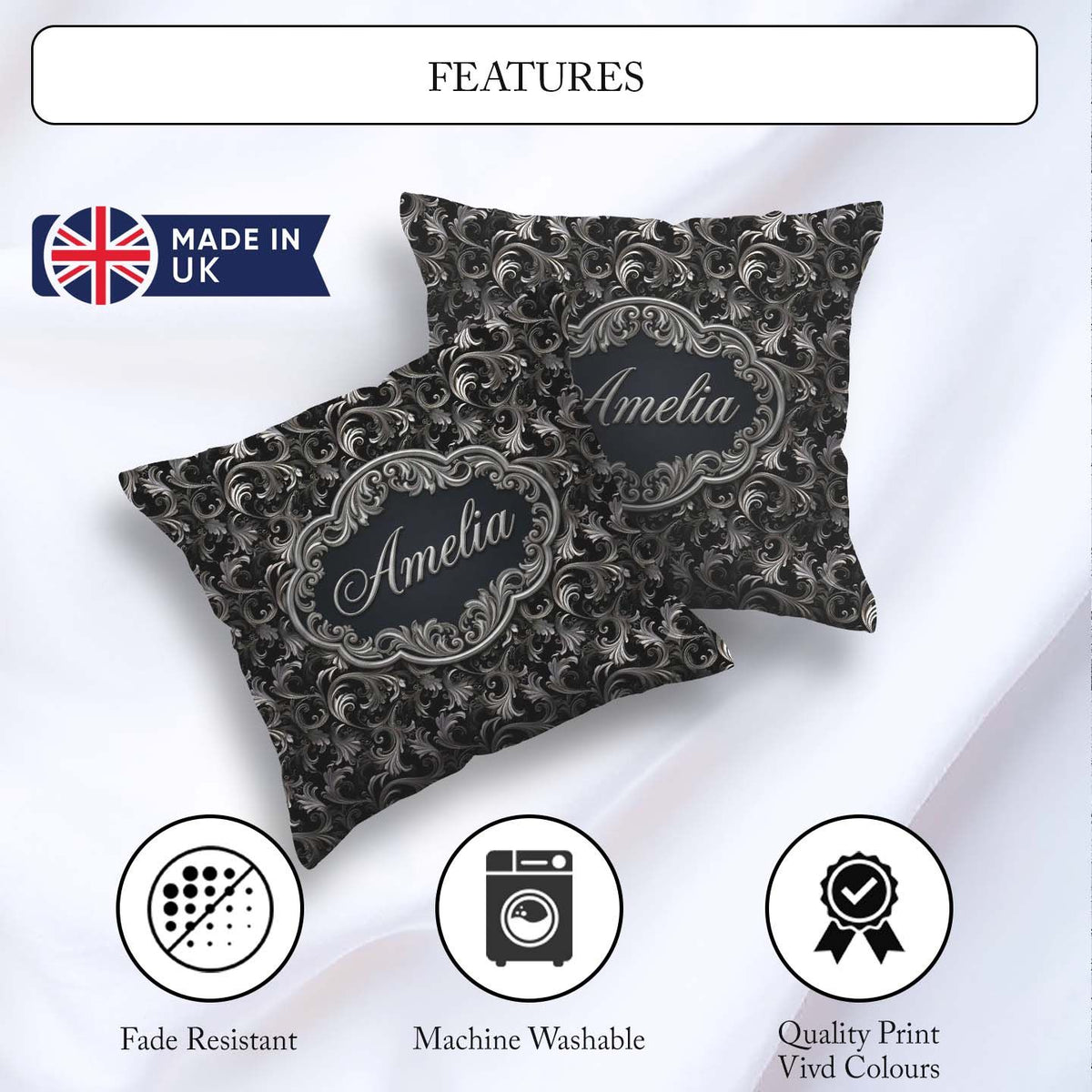 Custom Name Silver Black Luxury Baroque Pattern Seamless Elegant Square Filled Cushion Throw Pillow Sofa Bed Home Decor Zip Washable UK Made