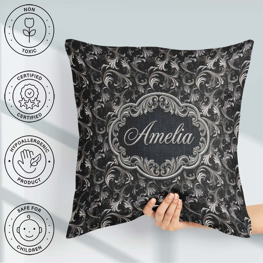 Custom Name Silver Black Luxury Baroque Pattern Seamless Elegant Square Filled Cushion Throw Pillow Sofa Bed Home Decor Zip Washable UK Made