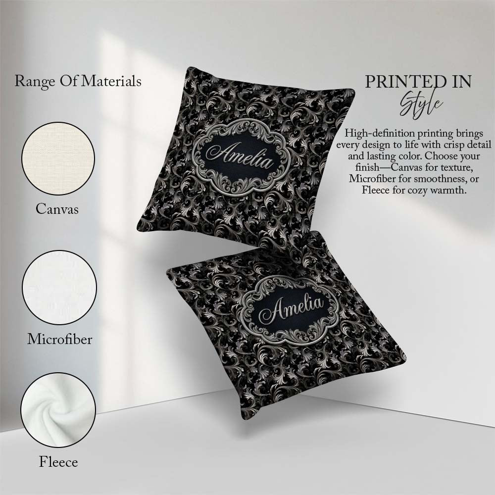 Custom Name Silver Black Luxury Baroque Pattern Seamless Elegant Square Filled Cushion Throw Pillow Sofa Bed Home Decor Zip Washable UK Made