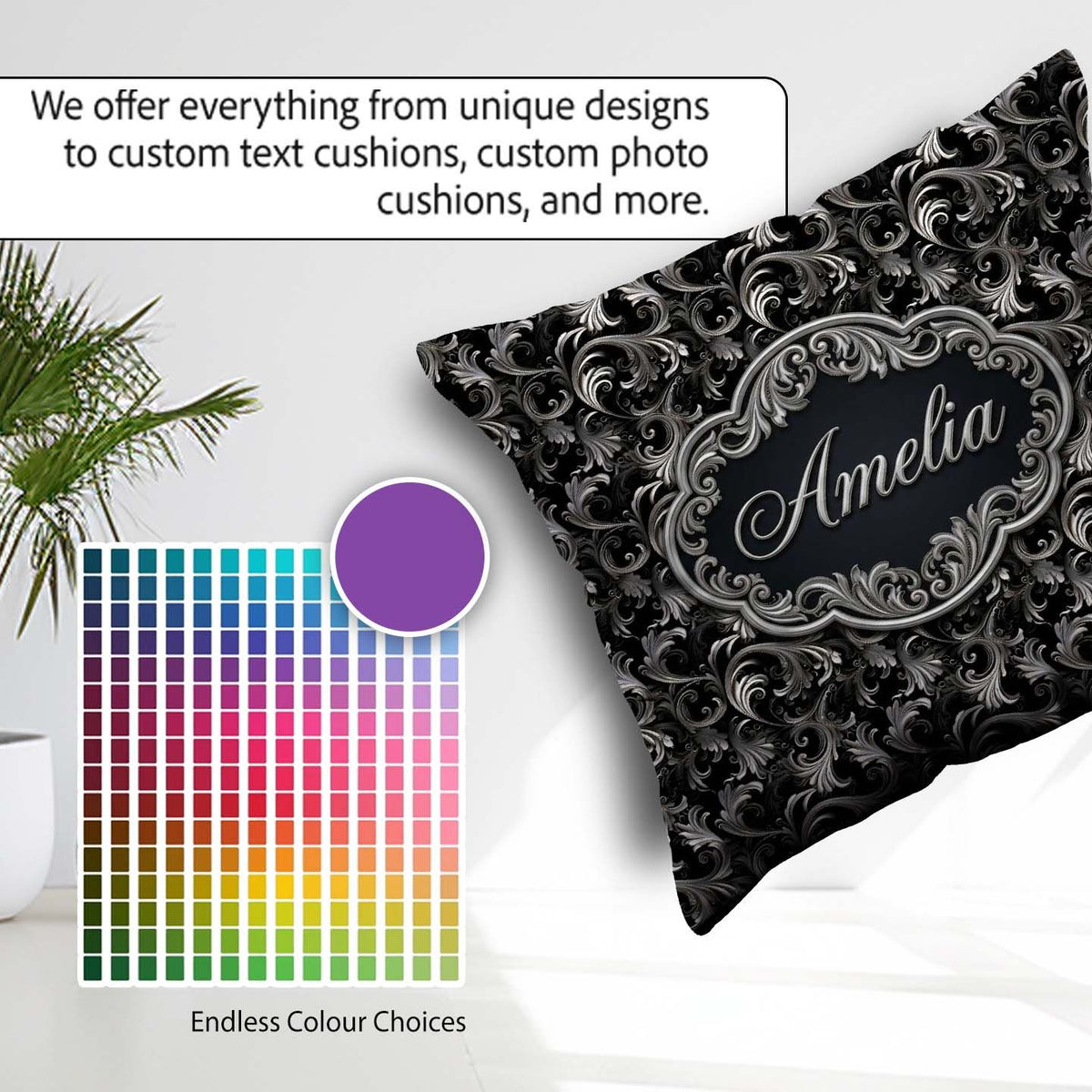 Custom Name Silver Black Luxury Baroque Pattern Seamless Elegant Square Filled Cushion Throw Pillow Sofa Bed Home Decor Zip Washable UK Made